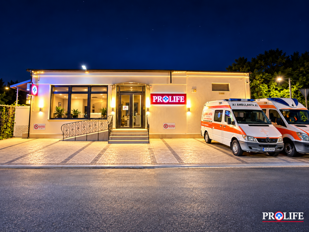 Centrul imagistic ProLife Medical® — exterior nocturn cu ambulanțe